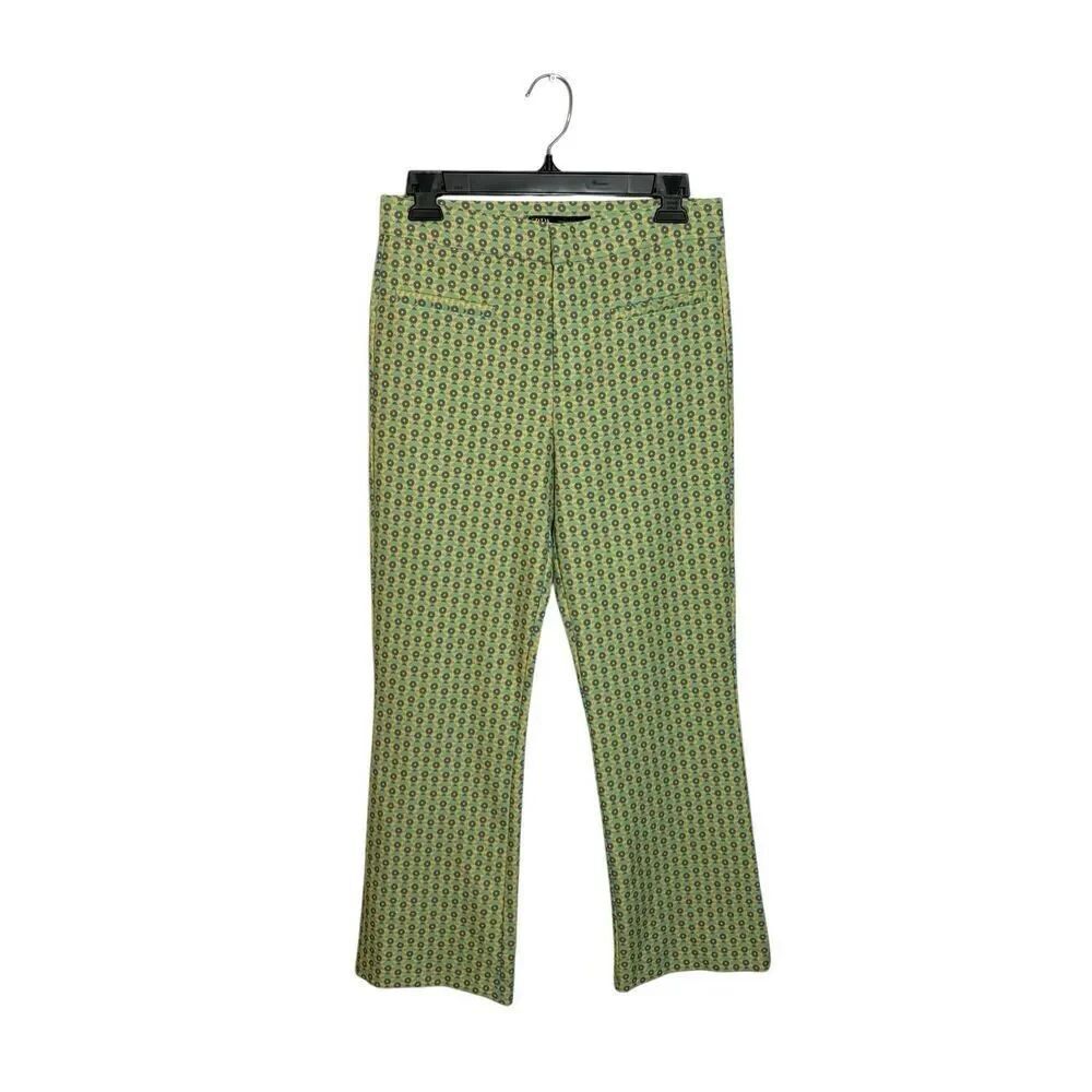 ZARA green and yellow geometric floral high-rise flare pants - M